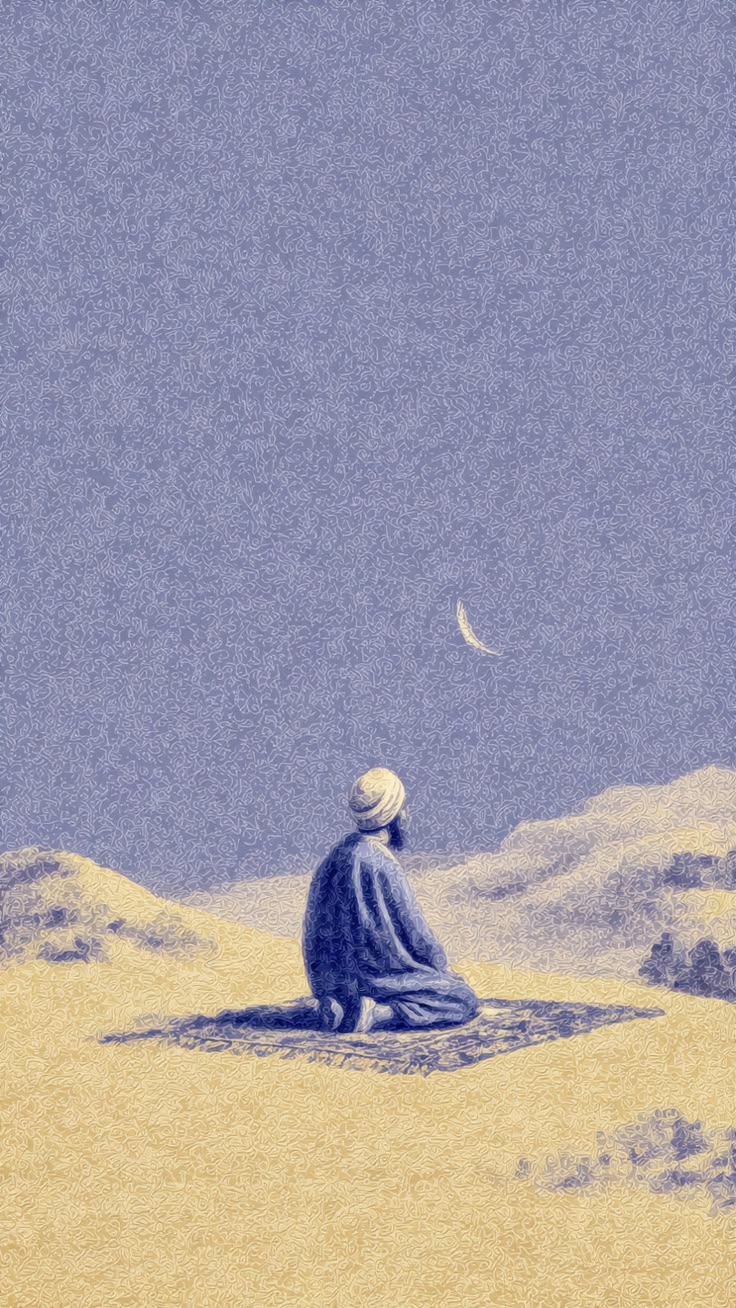 Çölde, seccade üzerinde hilale bakarak oturan bir adam.
